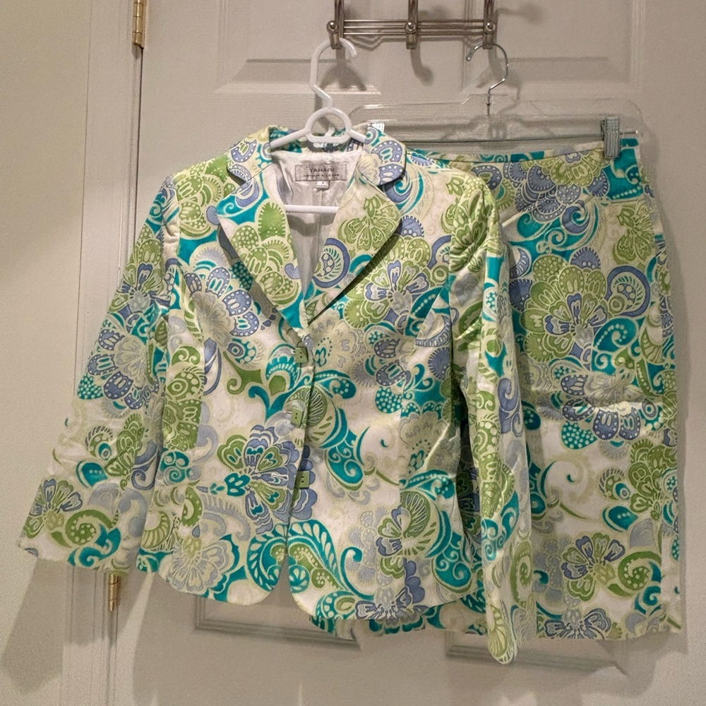 Tahari Green and Teal Floral Blazer and Skirt Set